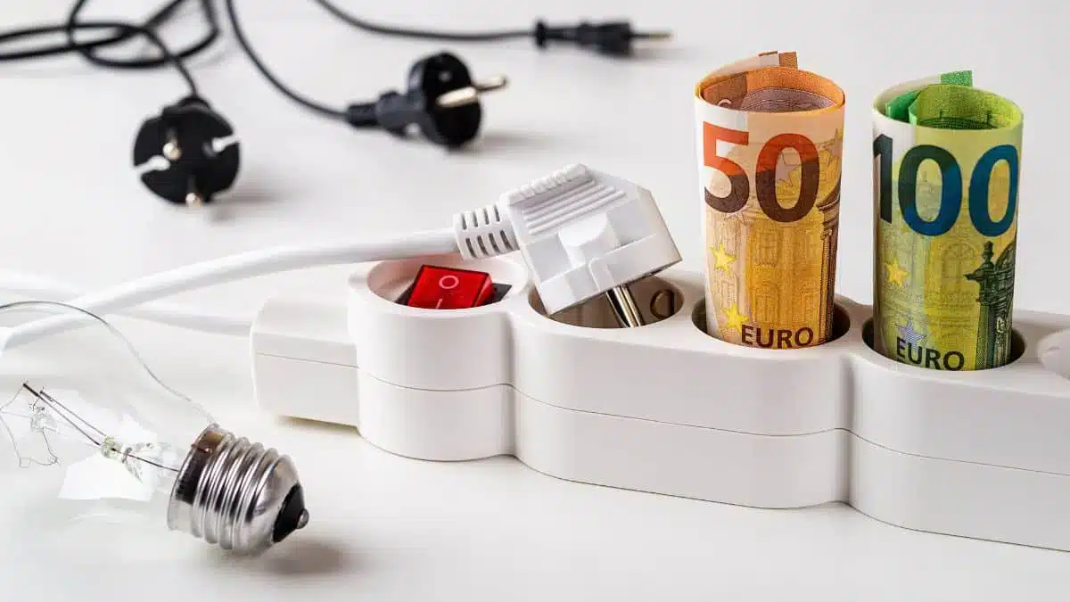 prise électrique vue de prés avec des billets de 50€ et 100€ dans le prises avec une ampoule à coté