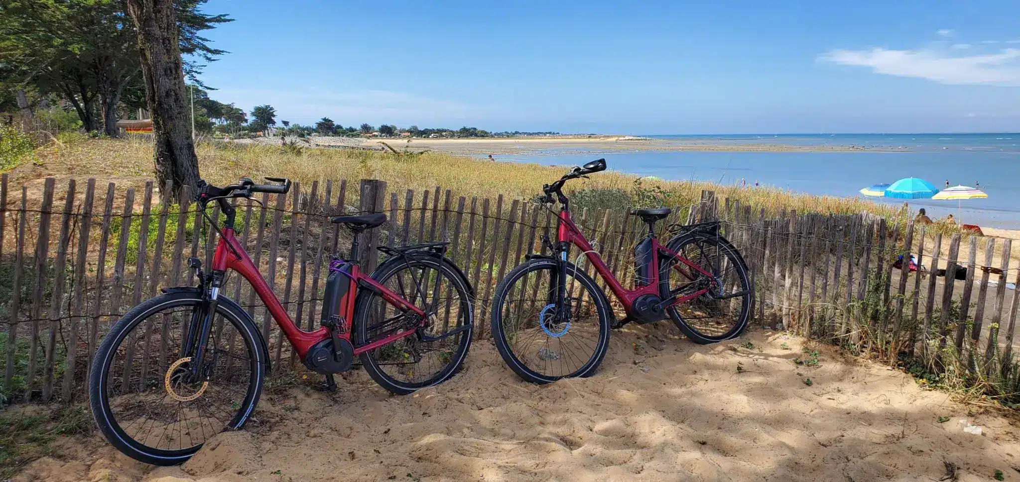 vélos posé sur une barrière au bord de la plage dans le sable avec la mer en fond