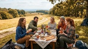 Cinq amis partagent un repas convivial dans un champ rural
