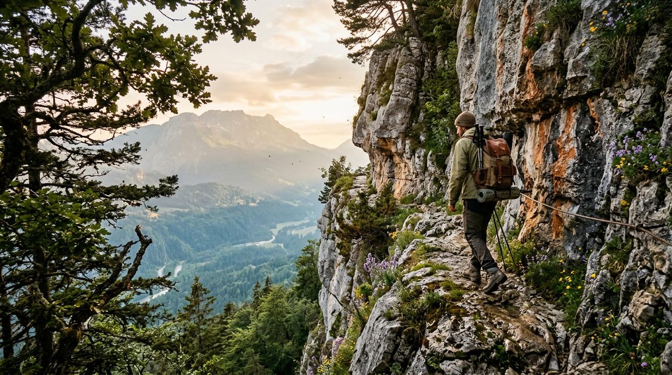 Randonneur équipé sur sentier rocheux montagneux avec vallée