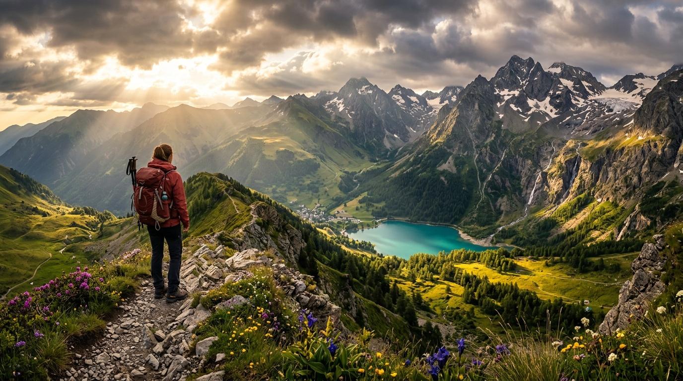 Randonneur face aux montagnes enneigées et lac turquoise