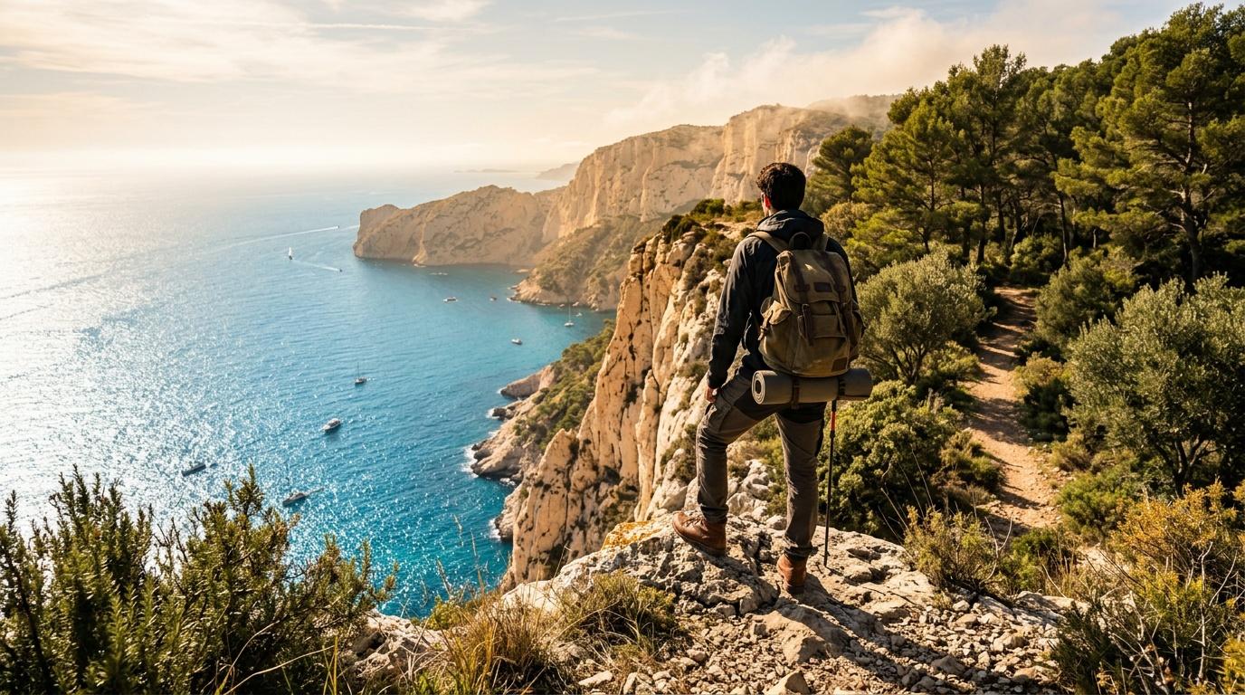 Randonneur sac à dos contemplant falaises côtières méditerranéennes