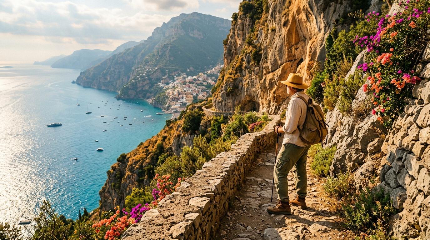 Randonneur sur sentier côtier avec vue sur mer turquoise