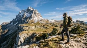 Randonneur avec sac à dos observant un pic montagneux enneigé