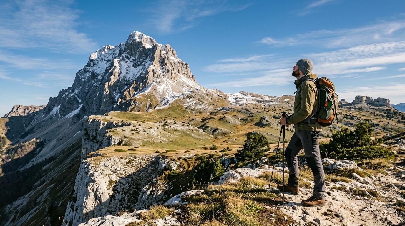 Randonneur avec sac à dos observant un pic montagneux enneigé