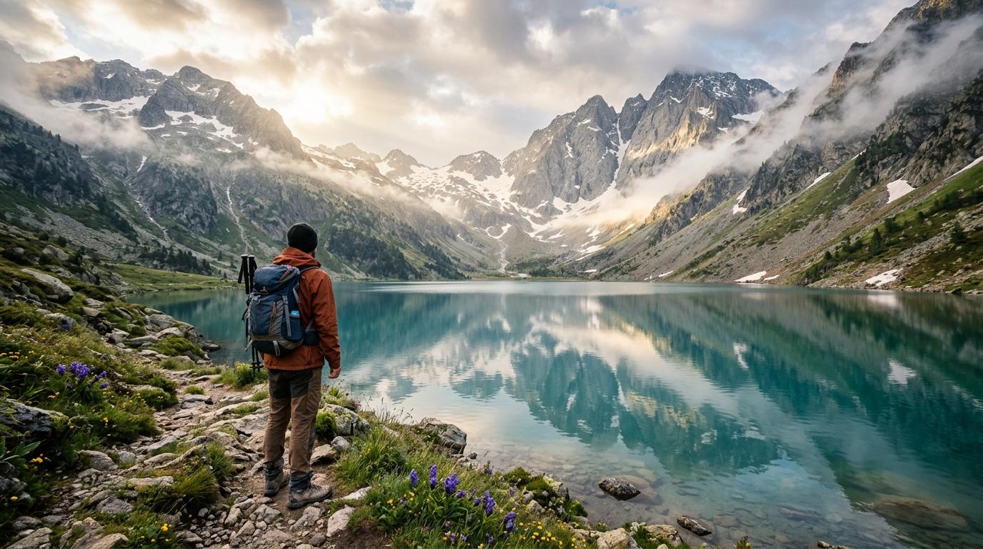 Randonneur face à un lac turquoise entouré de montagnes enneigées