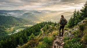Randonneur contemplant vallée montagneuse boisée depuis sentier