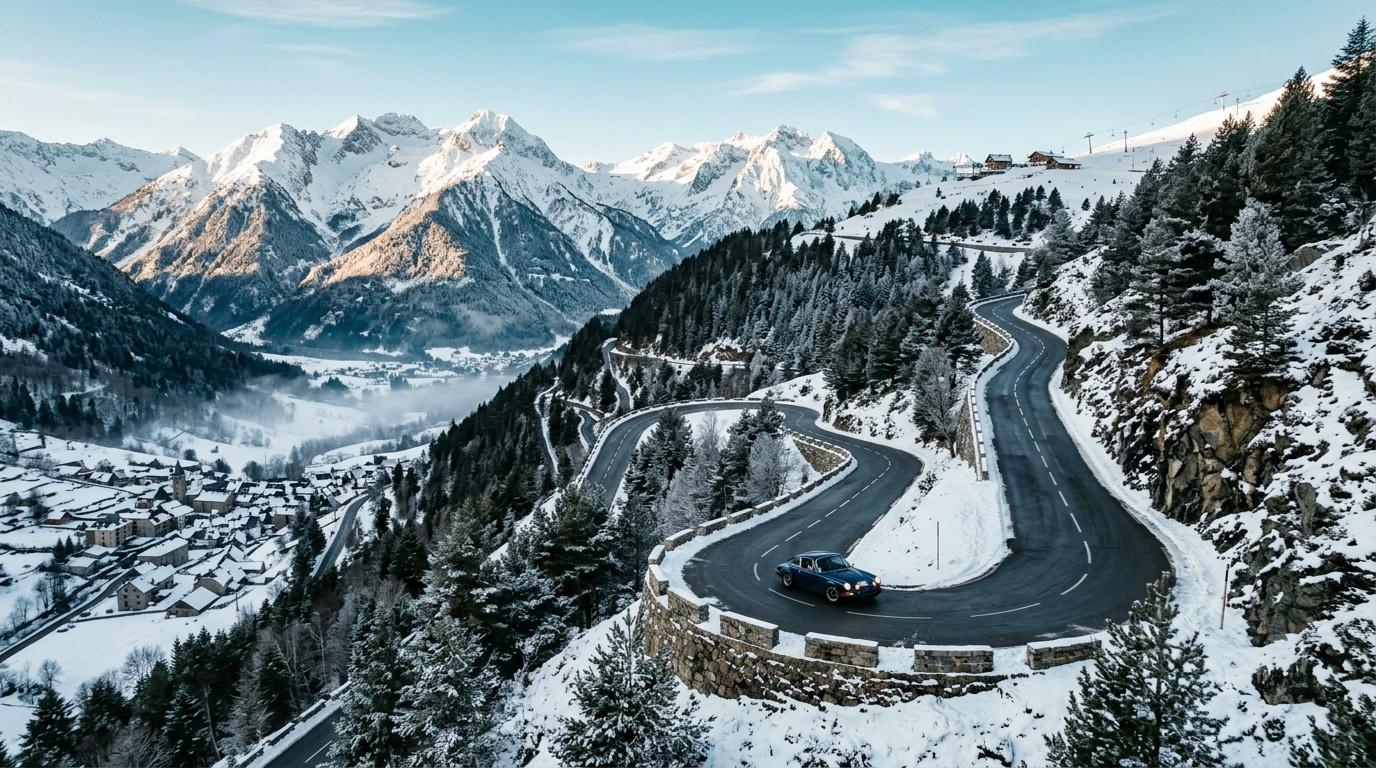 Voiture noire sur route de montagne sinueuse, paysage alpin enneigé