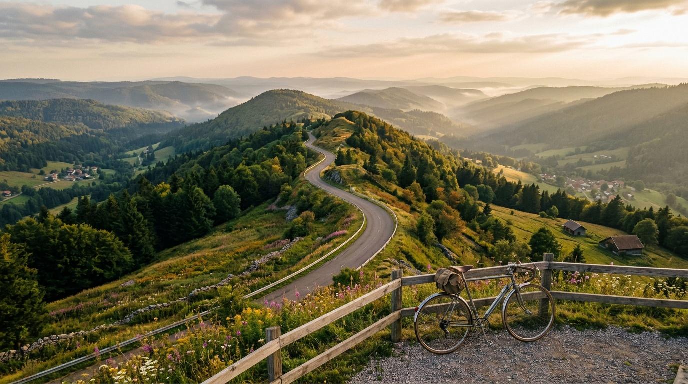 Vélo sur balcon montagneux dominant paysage vallonné.