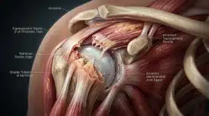 Illustration anatomique détaillée de l'épaule et ses structures musculaires.