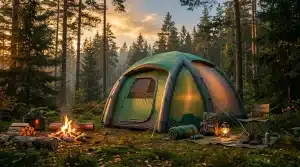 Tente verte dans la forêt avec feu de camp au coucher soleil