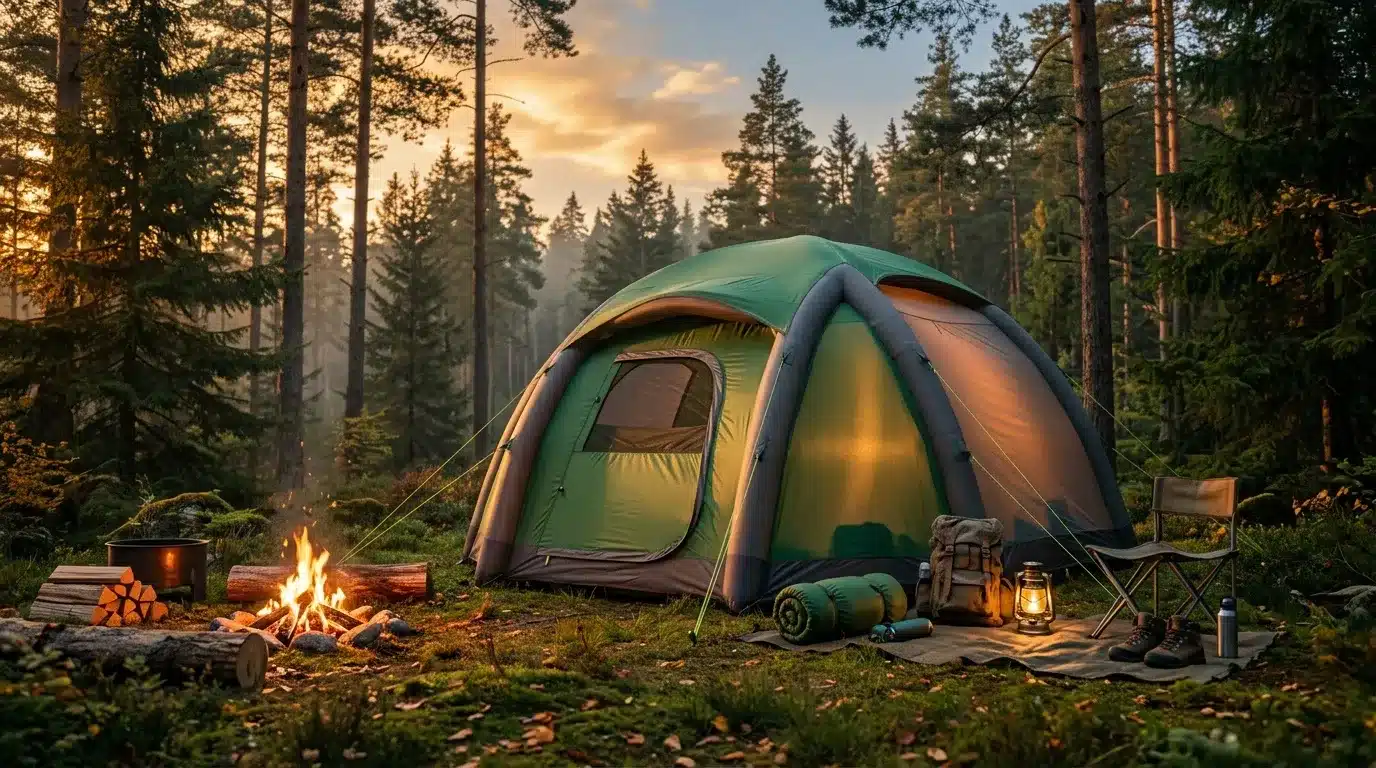 Tente verte dans la forêt avec feu de camp au coucher soleil