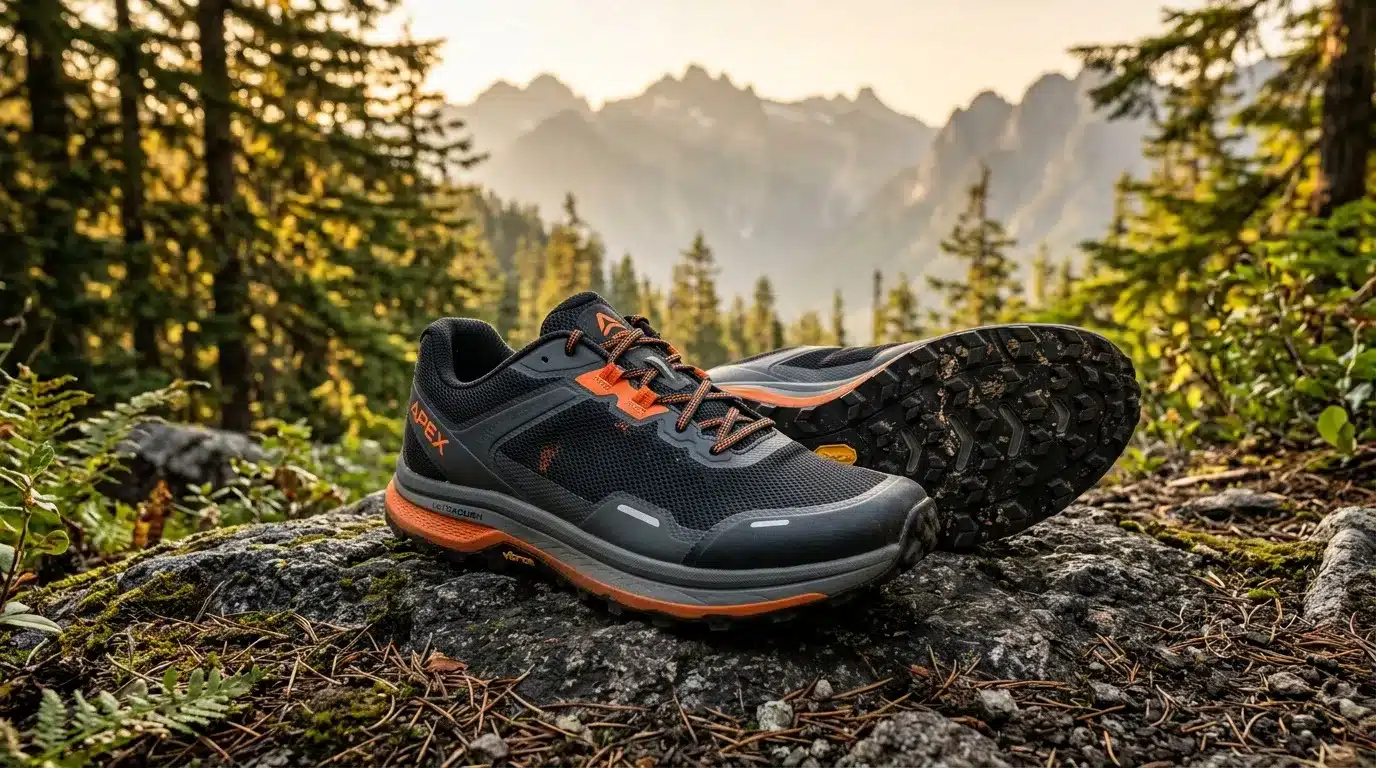 Chaussure de randonnée noire et orange sur pierre en montagne