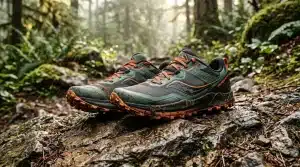 Chaussures de randonnée orange et gris sur rocher moussu forêt