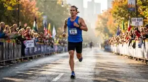 Marathonien portant dossard 419 court dans rue urbaine avec spectateurs