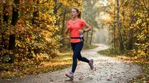 Femme jogging sur chemin forestier en automne, feuillages dorés