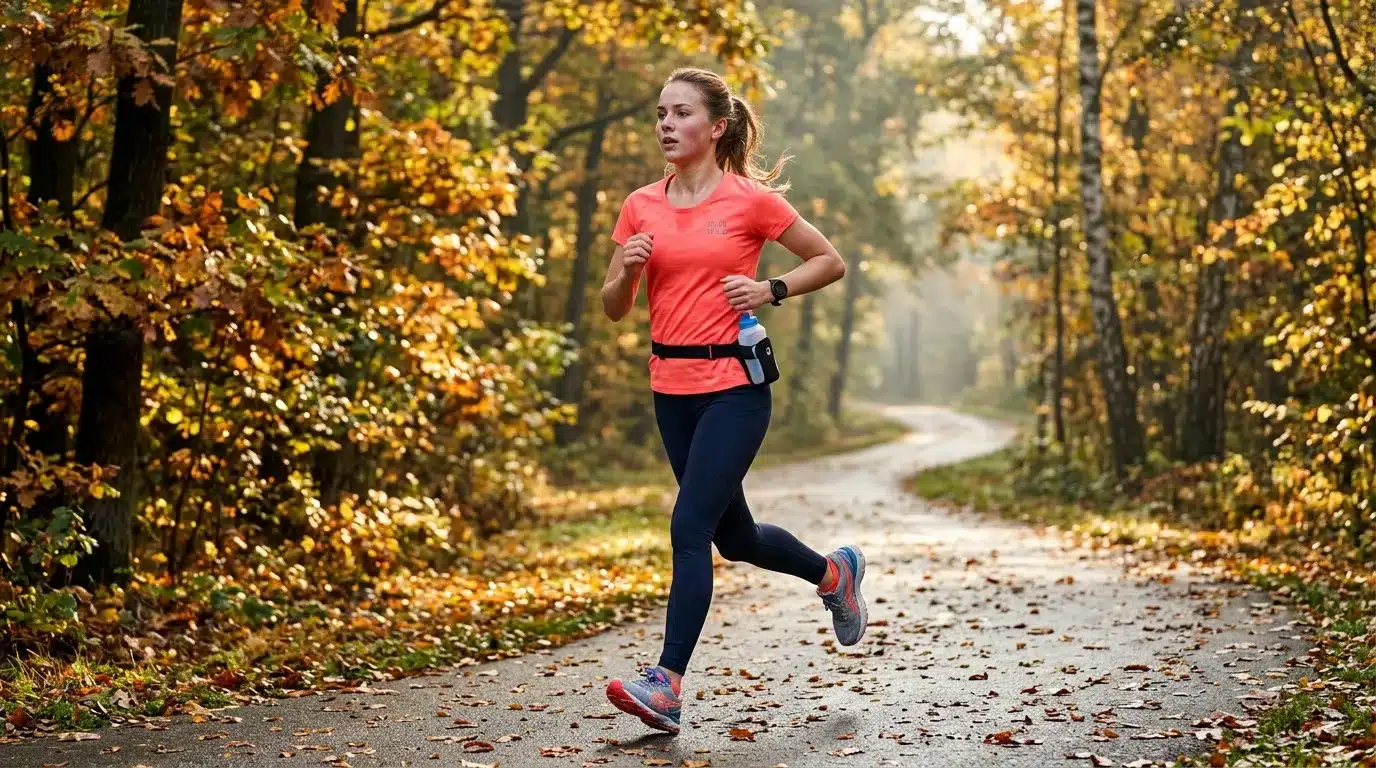 Femme jogging sur chemin forestier en automne, feuillages dorés