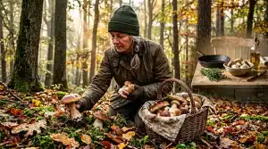 Femme cueillant des champignons en forêt d'automne avec panier