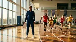 Professeur d'éducation physique supervise des enfants courant au gymnase