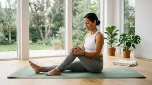 Femme en tenue de sport fait du yoga sur un tapis vert