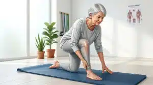 Femme âgée en posture de yoga sur tapis bleu, genou plié