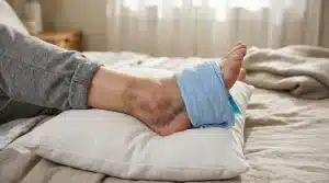 Personne appliquant une compresse froide sur cheville enflée au lit