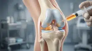Injection médicale dans l'articulation du genou avec seringue