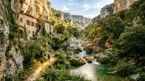 Monastère en pierre niché dans une gorge avec rivière et cascade.