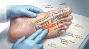 Illustration médicale montrant un névrome entre les métatarsiens du pied.