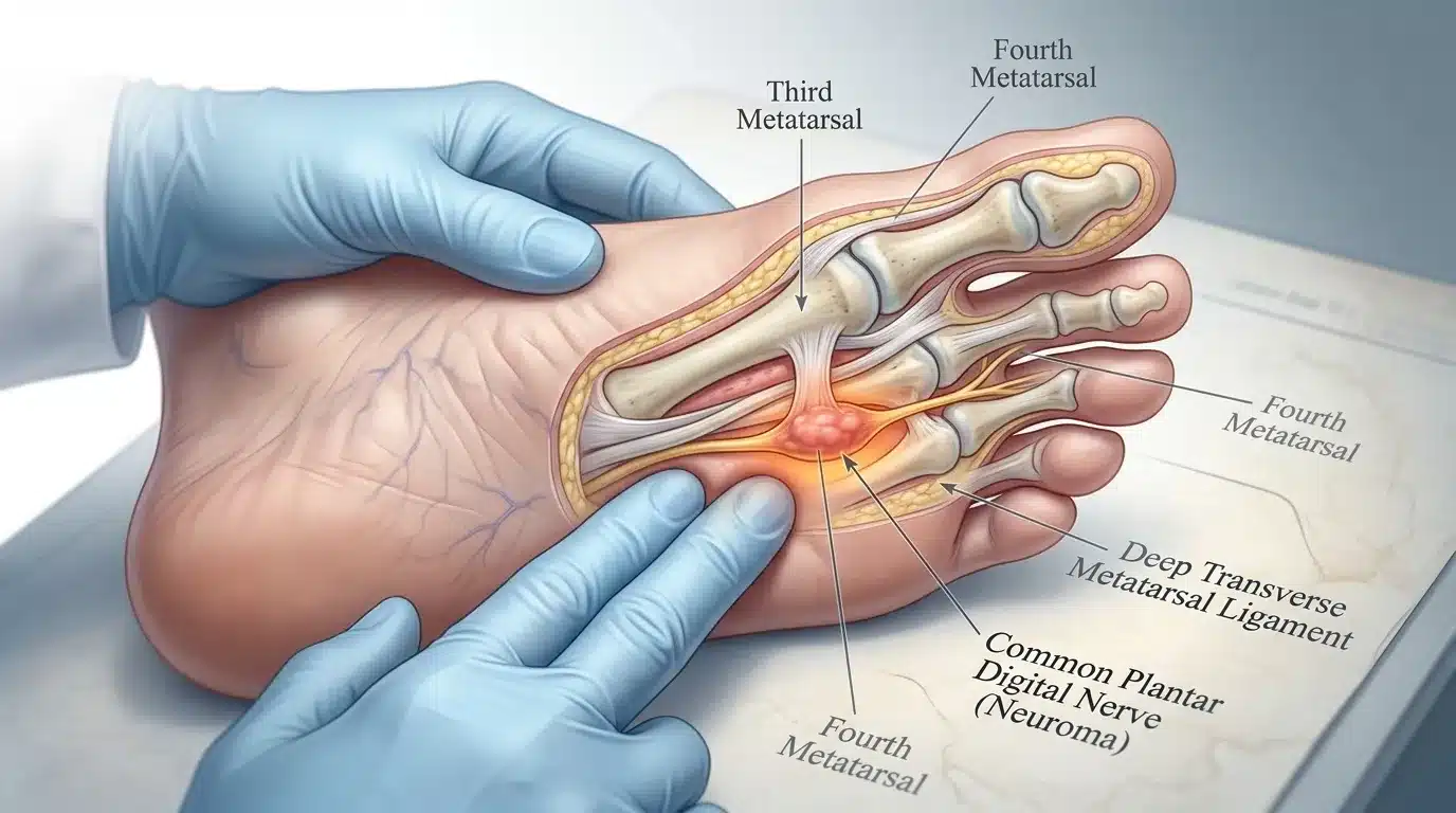 Illustration médicale montrant un névrome entre les métatarsiens du pied.