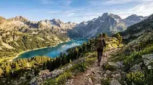 Randonneur sur sentier montagneux avec lac bleu et pics rocheux