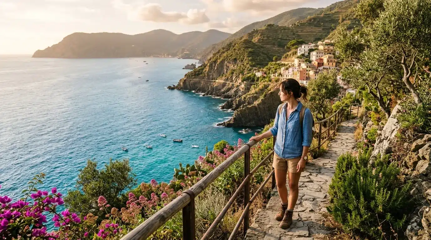 Femme admirant la vue sur village côtier depuis sentier montagneux
