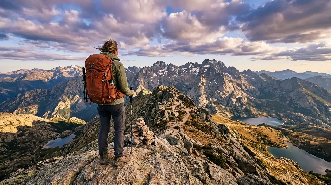 Randonneur avec sac à dos sur sommet rocheux alpin
