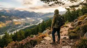 Hiker with backpack overlooking mountain valley and river