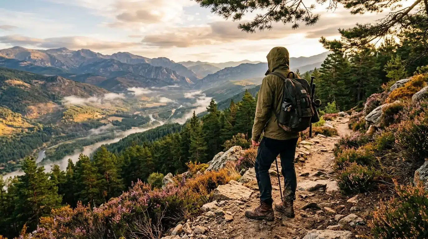 Hiker with backpack overlooking mountain valley and river