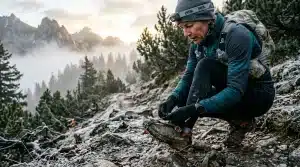 Homme ajustant ses chaussures de trekking en montagne