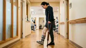 Femme marchant dans un couloir avec béquille et attelle orthopédique