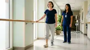 Patiente marchant avec barres parallèles, accompagnée d'une infirmière