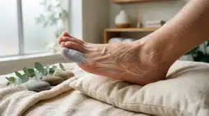 Pied reposant sur coussin dans ambiance zen et calme