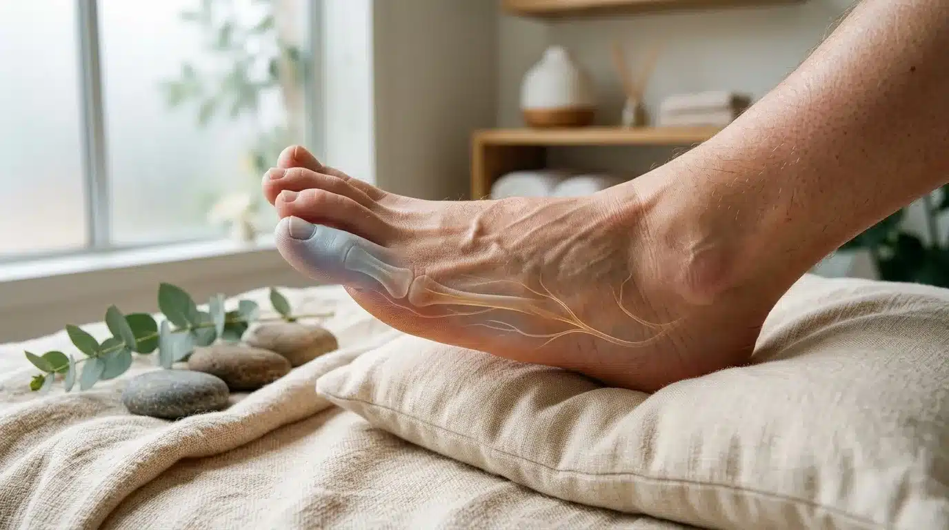 Pied reposant sur coussin dans ambiance zen et calme