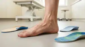 Pied nu choisissant parmi plusieurs semelles orthopédiques colorées