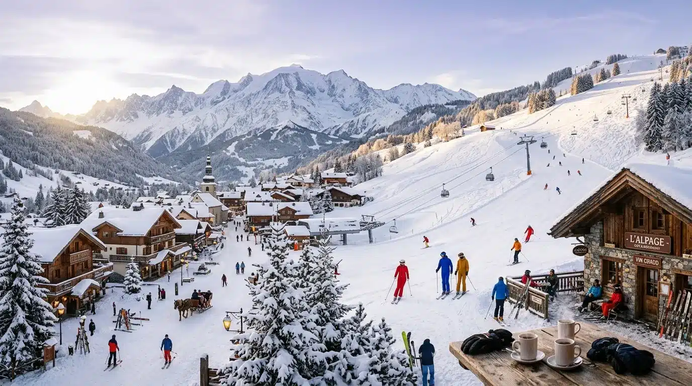 Vue aérienne d'une station de ski avec pistes, remontées et chalets alpins