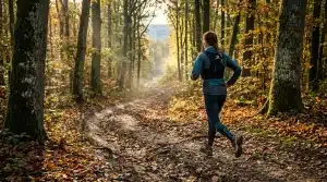 Femme jogging sur sentier forestier automnal