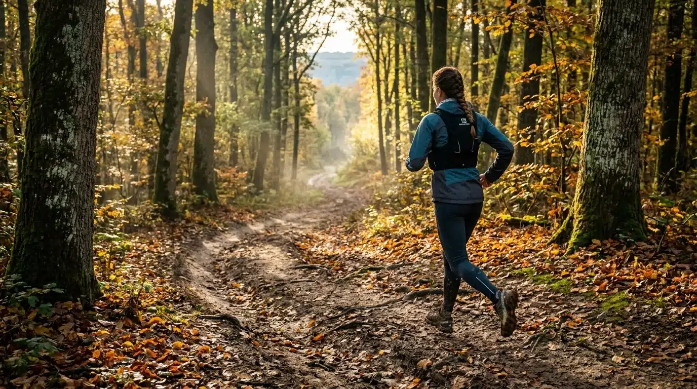 Femme jogging sur sentier forestier automnal