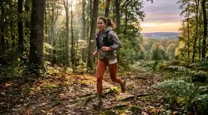 Femme trail running sur sentier forestier automnal