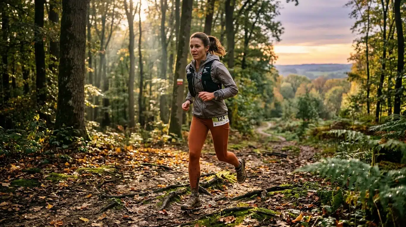 Femme trail running sur sentier forestier automnal