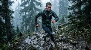 Homme courant sur sentier rocheux en forêt sous la pluie