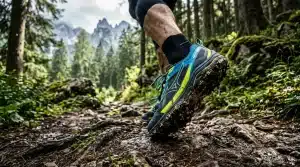 Coureur trail en chaussures spécialisées sur sentier montagneux