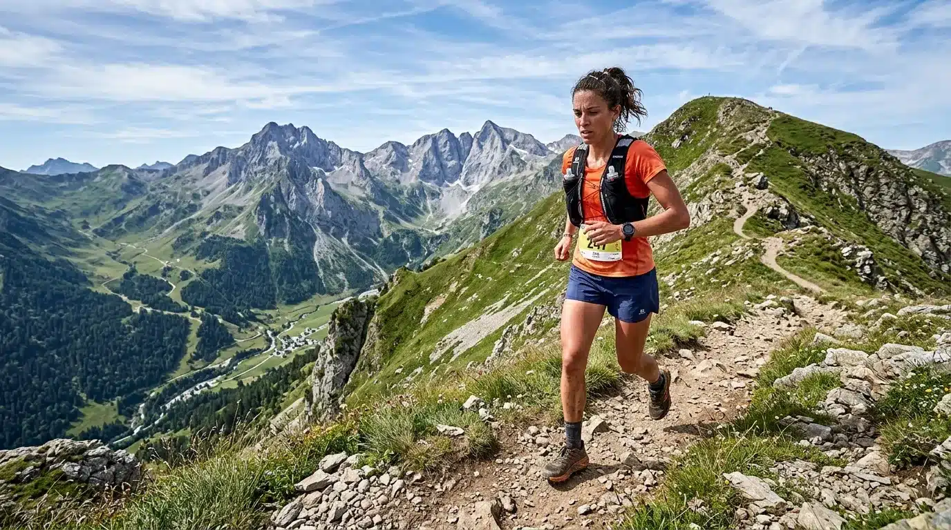 Femme coureur trail dans les Alpes avec vue panoramique