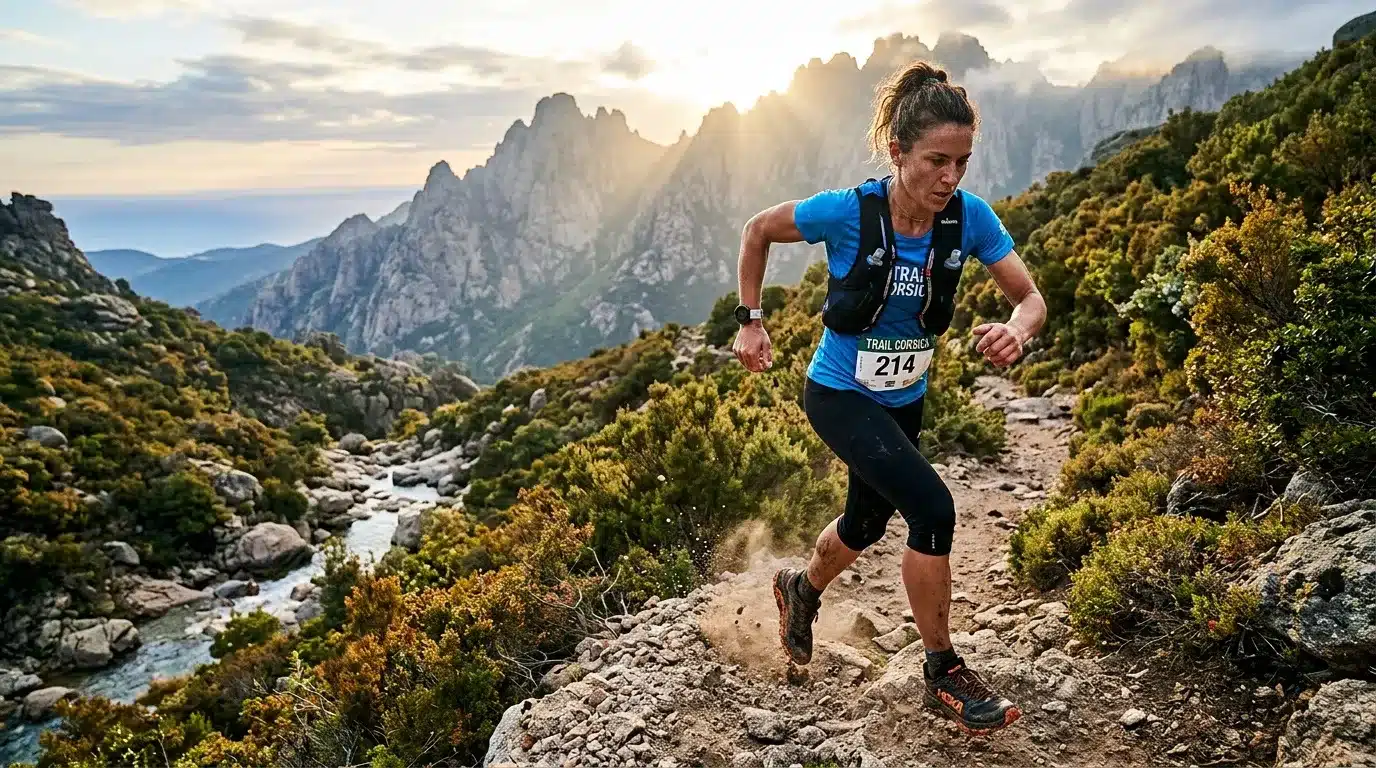 Femme coureur trail numéro 214 montagne rocheuse
